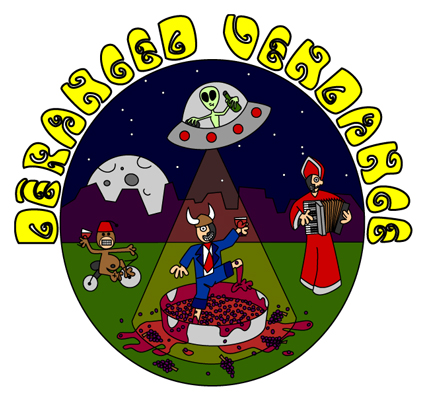 DERANGED VENDANGE promotional image depicting shriner monkey cardinal playing squeeze box acordian alien abduction drinking wine and a business man stomping on grapes for Bonny Doon Vineyard fLANSBURG dESIGN