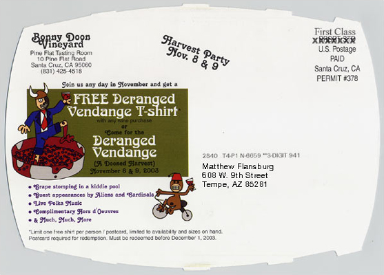 DERANGED VENDANGE promotional image depicting shriner monkey cardinal playing squeeze box acordian alien abduction drinking wine and a business man stomping on grapes for Bonny Doon Vineyard fLANSBURG dESIGN