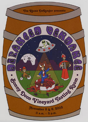 DERANGED VENDANGE promotional image depicting shriner monkey cardinal playing squeeze box acordian alien abduction drinking wine and a business man stomping on grapes for Bonny Doon Vineyard fLANSBURG dESIGN