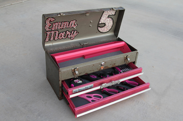 Be-jeweled inside and pink tools Emma Mary's 5th Birthday Pink Toolbox fLANSBURG dESIGN