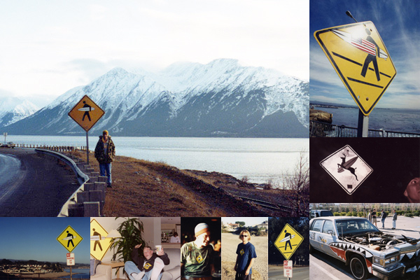 lit fuze surfer pedestrian crossing sign collage of images surfing surfboard related sharkey art car homer alaska deer surfing xing Chili Flanigan Daniel Billotte Mike Jensen vandalize dude crossing the street signs fLANSBURG dESIGN