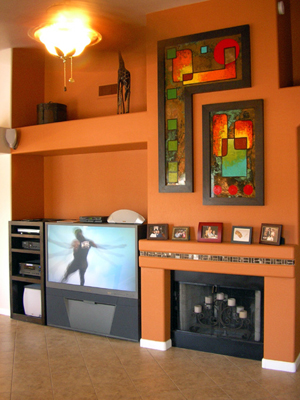 Boscamp Living Room featuring custom woodworking component station and Prototype Painting pOST nEO gEOMETRY based on Golden Section fLANSBURG dESIGN