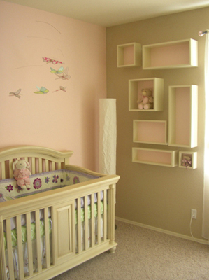 Emma Mary Baby Room custom modern geometric floating shelves with backs matching adjacent wall fLANSBURG dESIGN