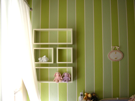 Emma Mary Baby Room custom wall boxes and shelves with seamless floating effect against green blue and white pinstrip wall fLANSBURG dESIGN