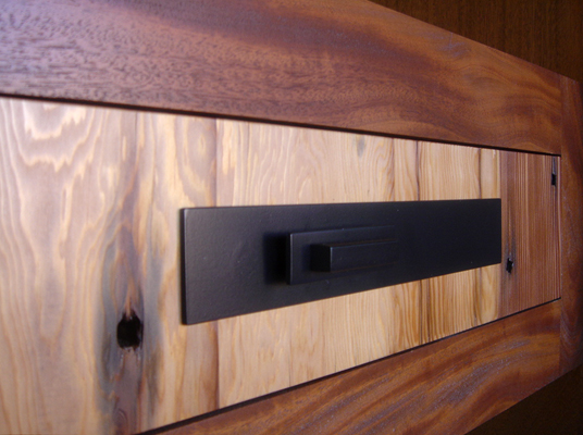 Mei Residence Reclaimed Doug Douglas Fir and Genuine Mahogany entrance custom drawer with steel pull note old oxidized nail holes in old growth douglas fir Jackson Hole Wyoming fLANSBURG dESIGN in collaboration with Aric Mei