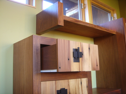 Mei Residence Reclaimed Doug Douglas Fir and Genuine Mahogany entrance shelf floating off wall and custom drawers with steel pulls note old oxidized nail holes in old growth fir Jackson Hole Wyoming fLANSBURG dESIGN in collaboration with Aric Mei