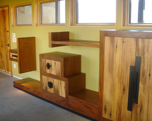 Mei Residence Reclaimed Doug Douglas Fir and Genuine Mahogany entrance floating shelves drawers and custom steel drawer pulls Jackson Hole Wyoming fLANSBURG dESIGN in collaboration with Aric Mei