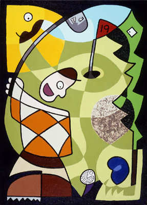 19th Hole Par 3 Anthropormorphic Golf Course Comes Alive Abstract Painting Acrylic Sand on Canvas 1998 Matthew fLANSBURG dESIGN