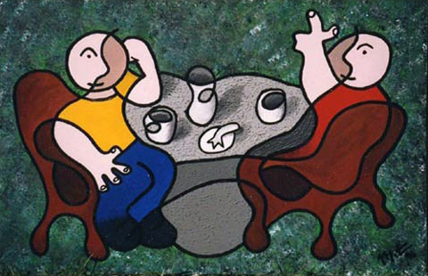 School of Athens Georgia Abstract Painting on Canvas Inspired by Raphael's Fresco of the same name Plato holding the Timaeus and Aristotle holding the Ethics replaced with Coffee Mugs 1996 fLANSBURG dESIGN