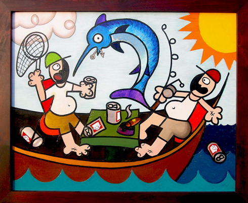 Based on A True Story Fishing Tales from the Sea Abstract Acrylic Painting on Aluminium Bear Metal Exposed for Beer Cans Drinking Good Ole Boys Drinking and Fish in the Sun Matthew Matt fLANSBURG dESIGN