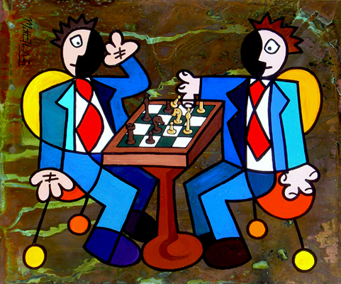 Chess Players Taheri vs. Flansburg Acrylic Abstract on Copper Sheet Intense Game of Kings 2005 Matthew Matthew fLANSBURG dESIGN