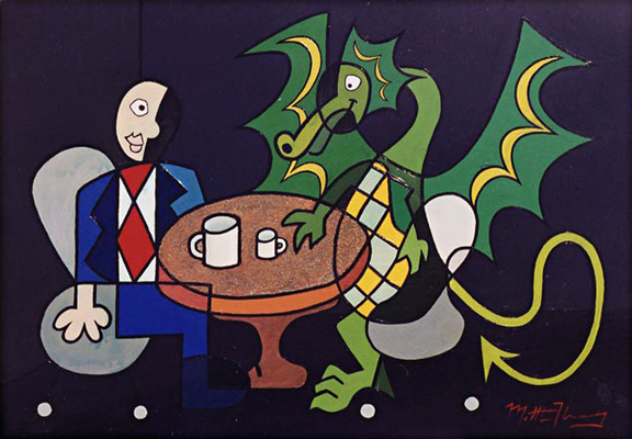 Man and Dragon Have Coffe and Expresso Respectfully Respectively Abstract Acrylic Painting on Copper Depicting Dude with Fantasy Beast Enjoying a Civilized Moment 2002 Matthew Matt fLANSBURG dESIGN