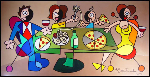 Pizza Eaters Acrylic Painting on MDF Abstraction Depicting Family Eating at Nellos Pizzaria Restaurant in Ahwatukee Commission Mei 2003 Matthew Matt fLANSBURG dESIGN